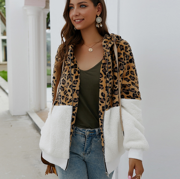 

women's leopard stitching teddy bear jacket 2019 winter long-sleeved dress hooded zipper jacket new original design coat 5xl, Black