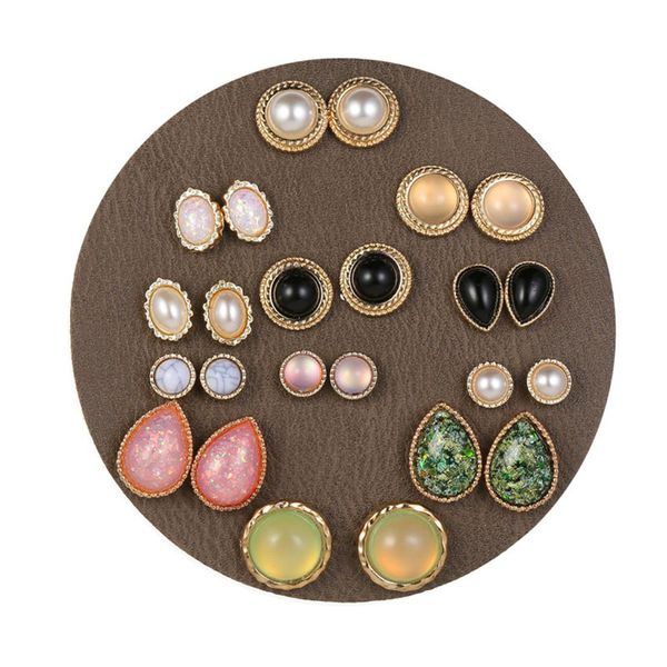 

12 pairs heart ear stud for women accessories opals earclip children gifts vintage ear clip set silver femme stone earrings fem, Golden;silver