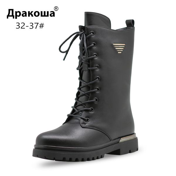 

apakowa girls black leather snow winter boots thermal warm fur lined mid flatform chukka boots kids knee high school shoes, Black;grey
