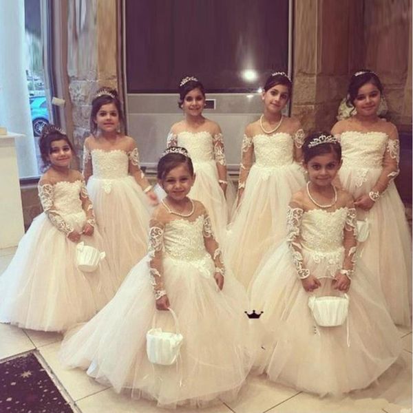 

2020 lovely white flower girl dresses jewel neck long sleeve toddler girls pageant gowns holy communion dress, White;blue