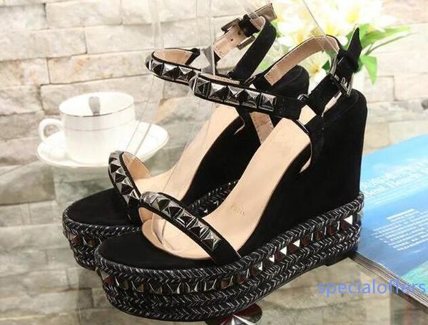 

with box ]famous ladies red bottom wedge cataclou sandals gold patent leather studded ladies ankle strap women s pumps party dress eu35-42, Black