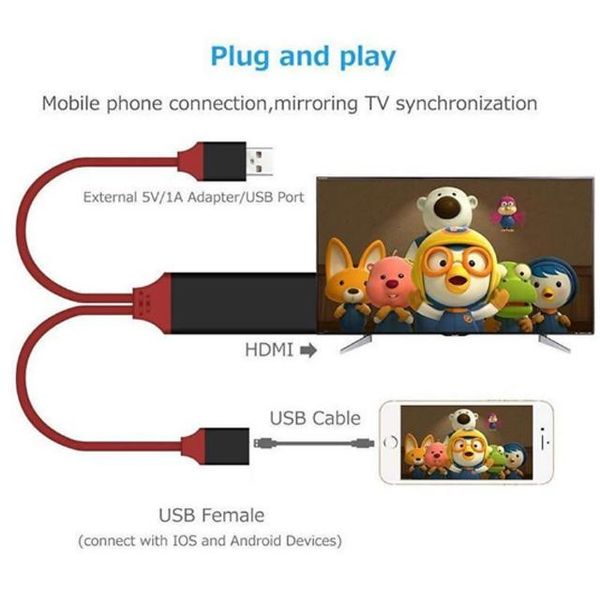

hdl20pcs universal hdmi cable plug and play hdmi hdtv tv adapter digital av cable 1080p phone to tv usb 2.0 to type c micro 5pin lighting 1m