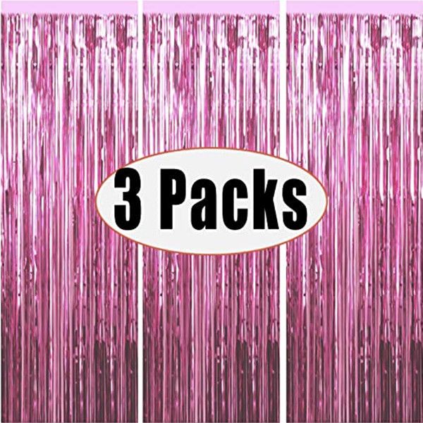 

3 packs 3.2ft x 6.6ft silver backdrops foil curtains metallic tinsel backdrop curtains door fringe curtains for wedding birthday light pink