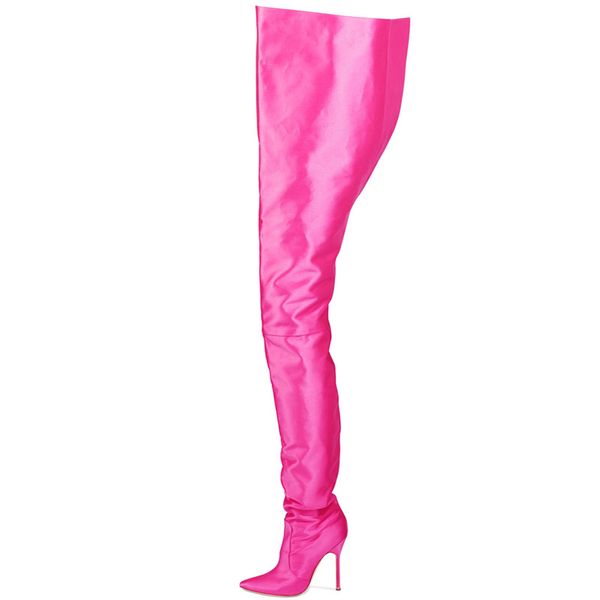 

arqaeuropean new satin fashion ladies knee boots pointed belt boots catwalk nightclub over the knee long thigh shoes, Black