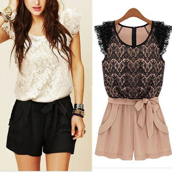 

vintage women's set 2019 new sweet sashes o-neck ladies lace jumpsuits shorts solid, White