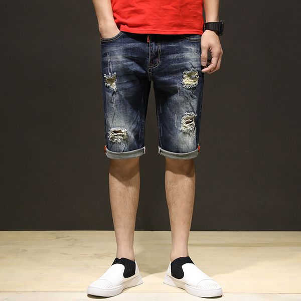 

2019 men summer trend korean-style loose women's casual with holes-pants teenager cowboy 5 pants 318, Blue