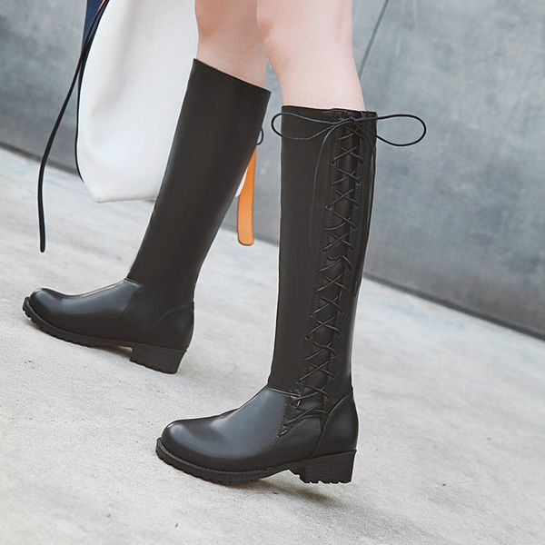 

women's leather boots knee-high long tube 2019 winter snow boot fashion riding equestrian low heel warm fur shoes ethnic tied, Black