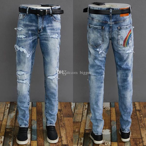 

синий дизайн мотоцикл джинсы мужчины повреждения патчи джинсовые брюки краска мыть эффект skinny fit ковбойские брюки, Blue