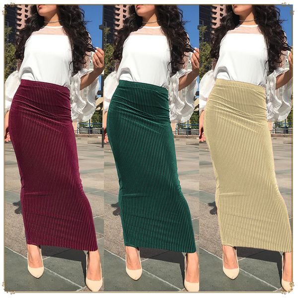 

muslim pure high elastic stirpe knit skirt women skinny bodycon slim ankel-length pencil skirts dubai hip bottoming skirts, Black