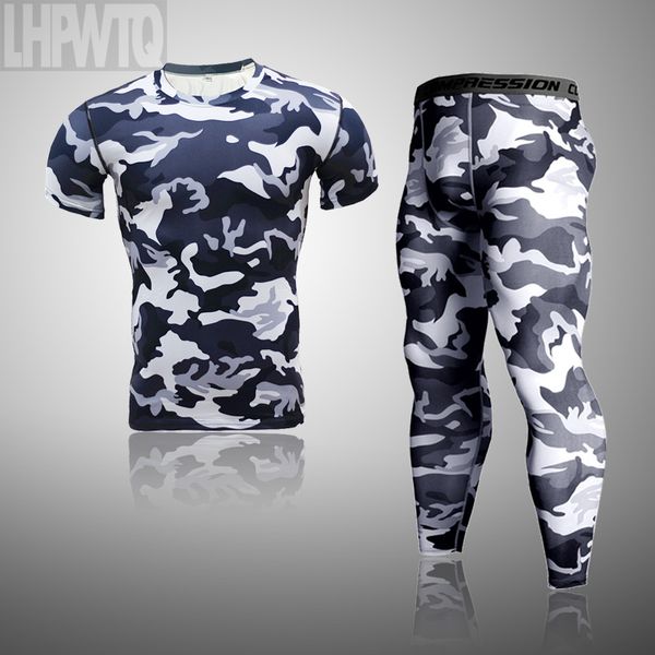 

2pcs/sets short sleevet shirt+pants men's morning run jogging workout compression clothing extreme sports gym men's tights, Black;blue