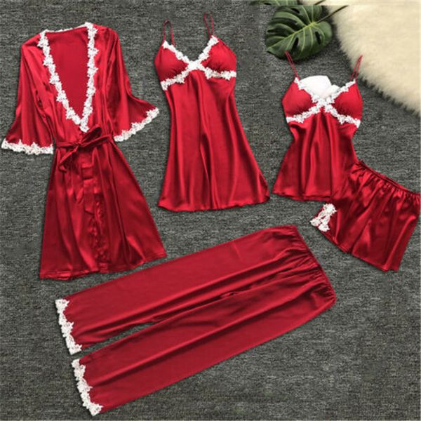 

women's sleepwear pajamas five-piece silk solid color sliding surface v-neck strappy casual thin lace stitching set, Black;red