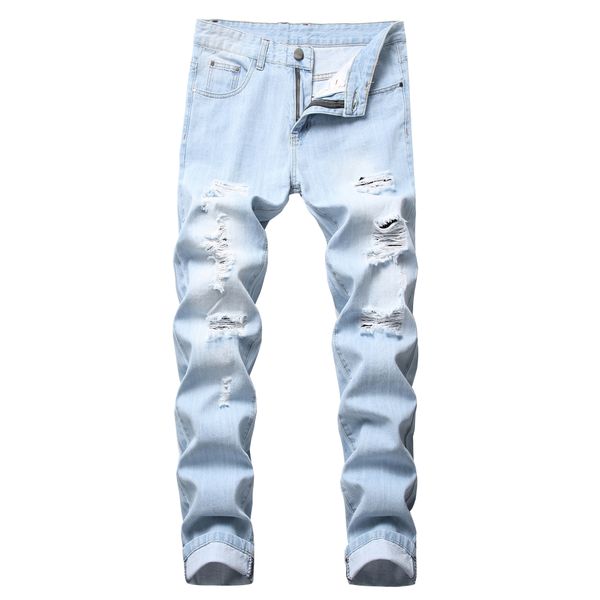 Jeans Masculino Masculino Cor Clara Slim Fit Buraco High Street Azul Não Elástico Casual Moda Urbana Stretwear