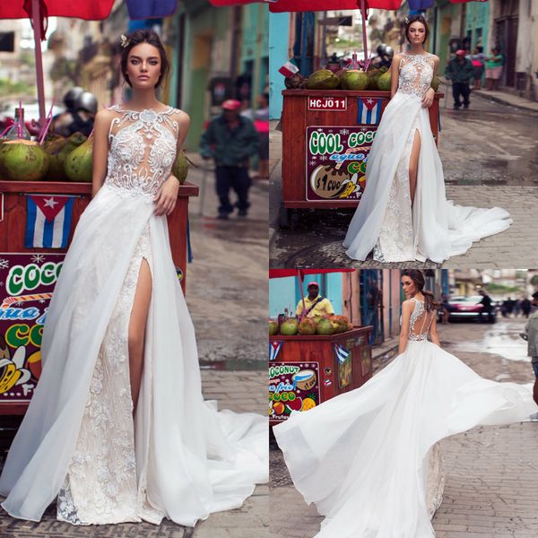 

2019 side split beach wedding dresses jewel neck lace a line vestidos de novia boho wedding dress custom plus size bohemian bridal gowns, White