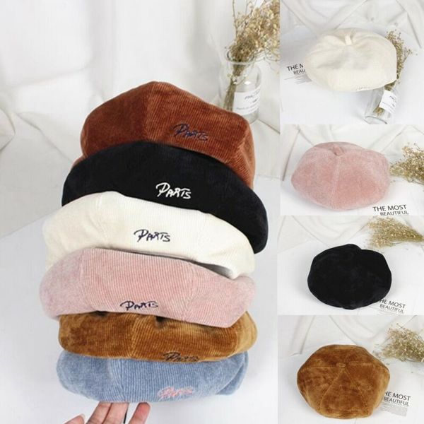 

brand new paris embroidered beret ladies' corduroy octagon hat pumpkin autumn winter hat girls head wear warm caps accessory, Blue;gray