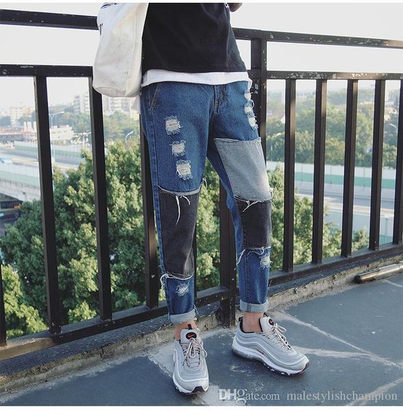 

men's holes patch classic trousers blue brand men jeans fashion stretch slim fit homme biker denim pants streetwear