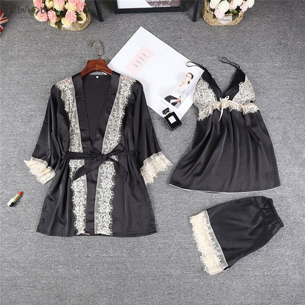 

Robes 3Pc New Women Satin Arrivals Lace Sleepwear Coat V-Neck Camis Shorts Nightwear Set Sexy Ladies Autumn Erotic Sets