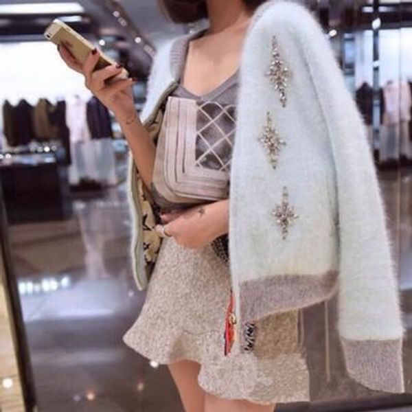 

smthma 2017 autumn & winter knitting sweater cardigan solid color diamond mosaic mink cashmere sweaters female jacket coats, White;black