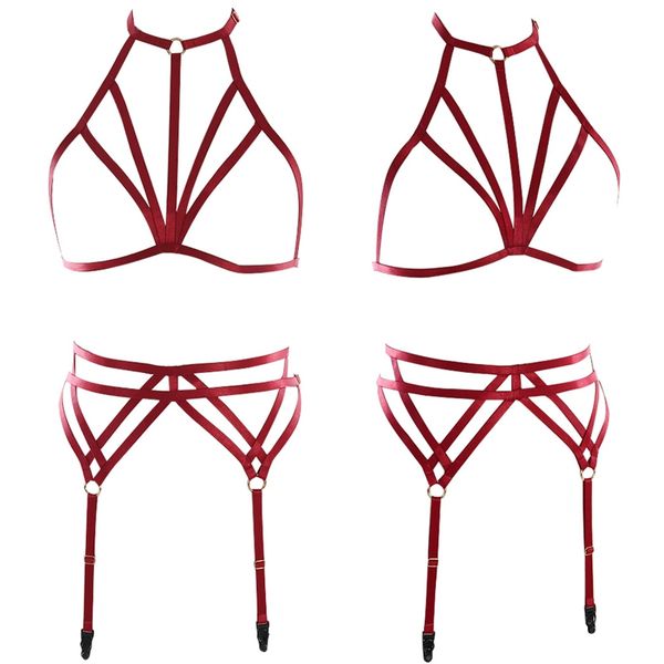 

wine red hollow out cage bra strap adjust body harness wedding bride leg garter belt goth body cage bondage harness set, Black;white