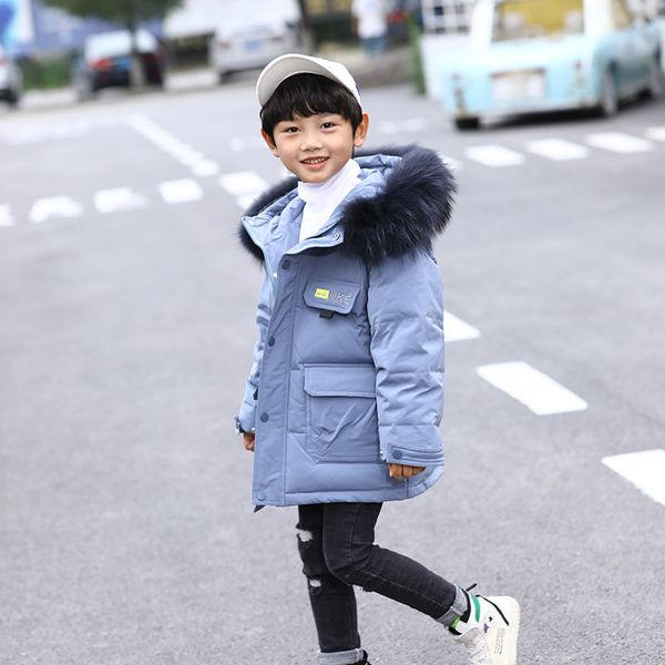 

boys down jackets 2019 new winter thicken boy down coat long hooded warm natural fur children kids clothes outerwear overcoat, Blue;gray