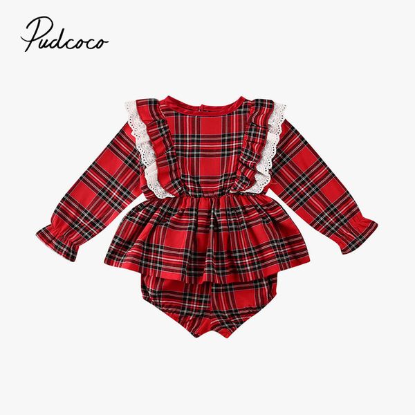 

pudcoco baby girl clothes set outfit my first christmas clothing long flare sleeve lace plaid shorts newborn girls cotton, White