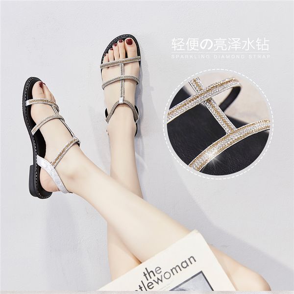 

zhr 2020 rhineston crystal summer shoes woman sandals gladiator sandals women bling rome casual flat sapato feminino, Black