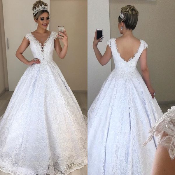 

2020 elegant cap sleeve backless bridal gowns v neck lace beads long ball gown weddding dresses plus size robes de soiree, White