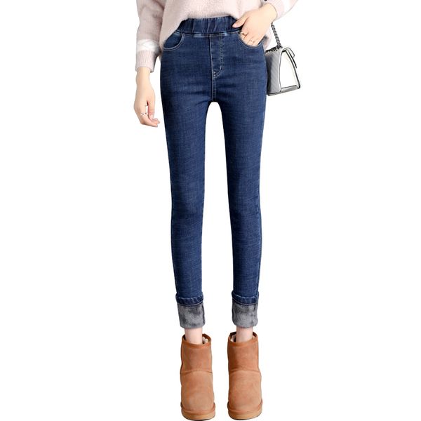 

2019 plus velvet thick elastic waist high waist high elastic feet denim trousers women, Blue