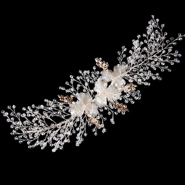 

elegant 3-leaf clover with freshwater pearls rhinestone bridal hair vine halo wedding headband headpiece hair accessories bh, Golden;white