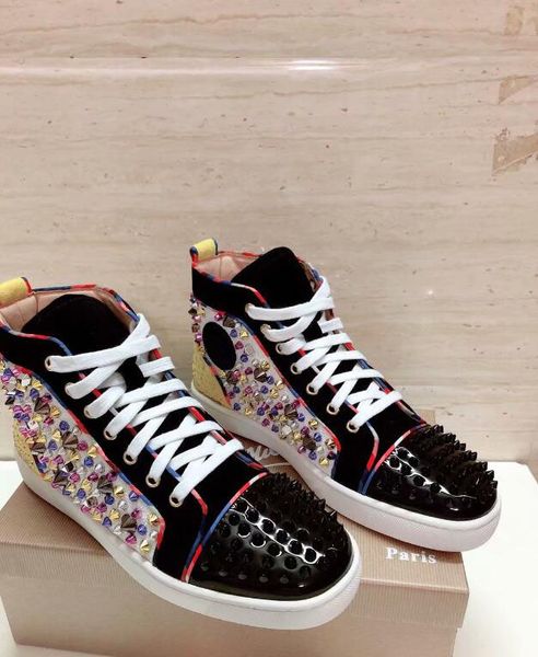 

crystal embroidered mens designer shoes high cut spikes flats shoes for men new patchwork lace up casual shoes men, Black