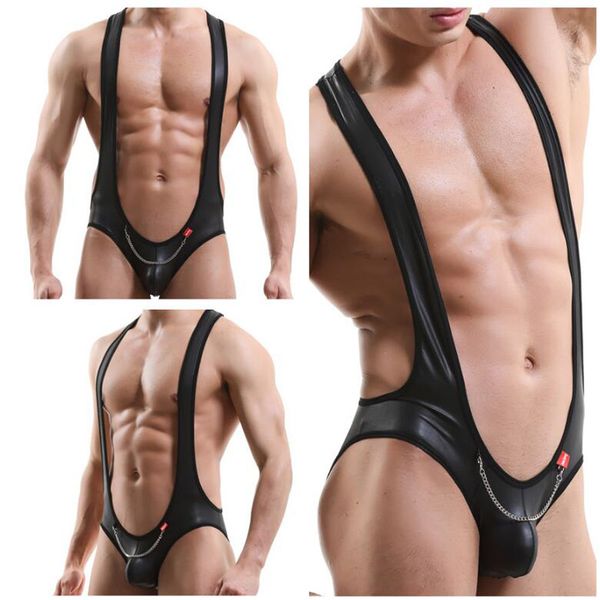 Homens de couro falso bodysuit aberto bunda aberto calcinha de metal calcinha convexo bolsa sexy sexy wrestling singlet novidade uma peça mankini