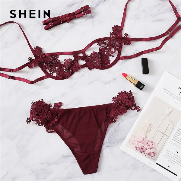 

shein burgundy appliques detail lace lingerie set with choker summer women wireless bra and briefs underwear lingerie sets, Red;black