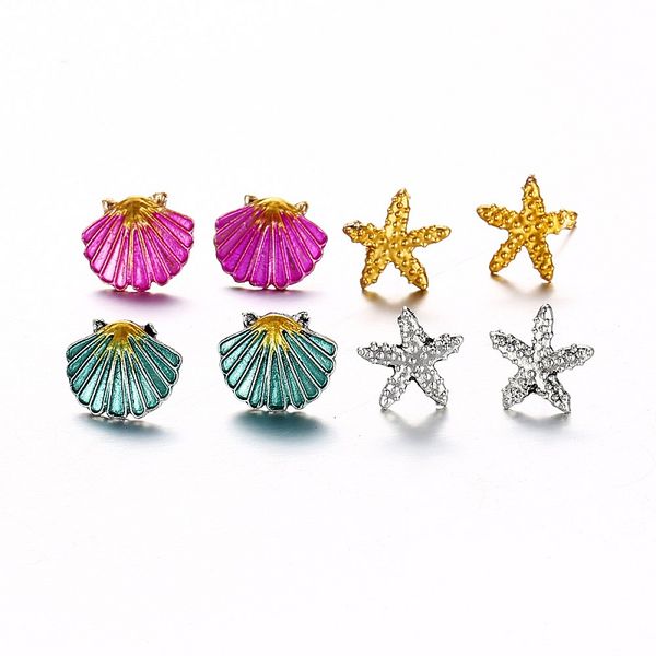 

european and american new temperament 4 pairs of earrings set symmetrical starfish shell alloy drop stud earrings wholesale