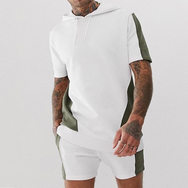 

sets casual slim fit splice summer male outfit sport set sweatsuits shorts 2 piece hooded clothing mens short kg-657, Gray