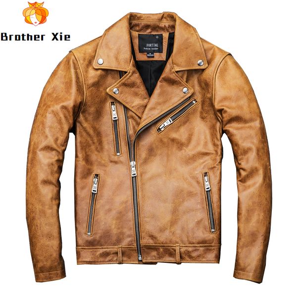 

2020 vintage men's yellow genuine leather jackets oil wax motorcycle jackets 4xl cowhide biker coat for male, Black