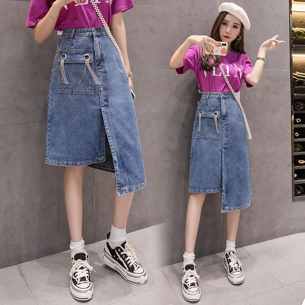 

5xl plus size women's denim skirt 2020 new korean version irregular a word loose short student denim skirt, Black