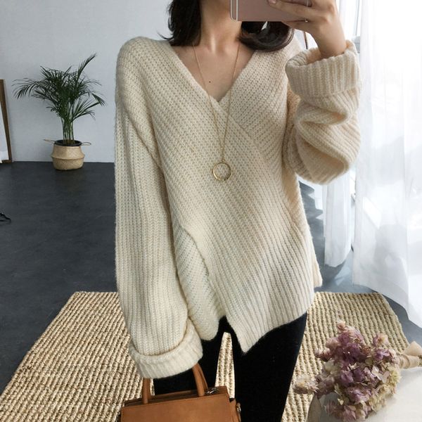 

loose knitwear girls sweater 2019 winter v neck oversize white knitwear casual women warm sweater korean style, White;black