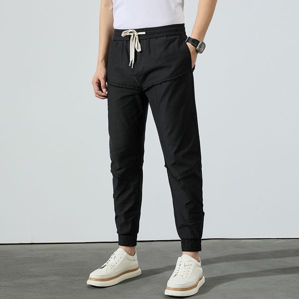 

mens summer fringe stitching harem pencil pants loose drawstring elastic waist trousers male casual designer clothing, Black