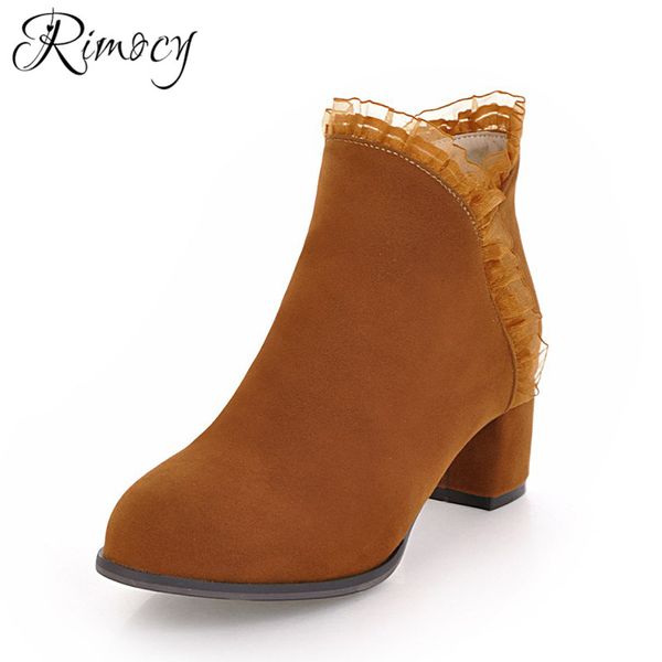 

rimocy elegant ruffles boots 2019 spring ankle boots for women side zipper botas nubuck round toe shoes woman high heels botines, Black