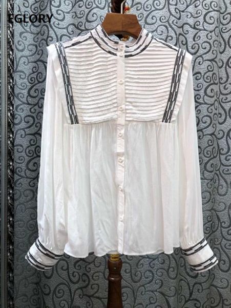 

fashion designer blouses shirt 2020 spring summer style women striped embroidery patchwork long sleeve white blue shirt