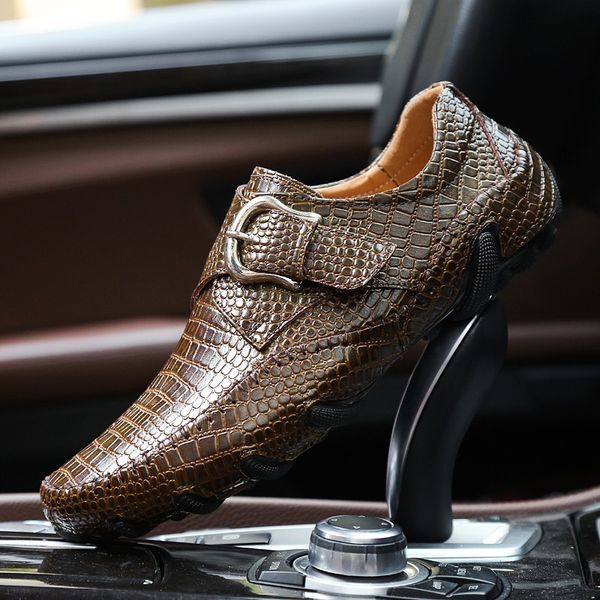 

brand men loafers spring and autumn men casual shoes genuine leather driving shoes crocodile texture men's flats plus size, Black