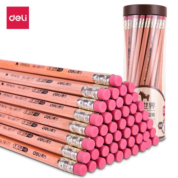 

deli 50pcs/barrel wood pencil hb with rubber student sketch drawing pencils for school supplies kids gift black lead set 58177