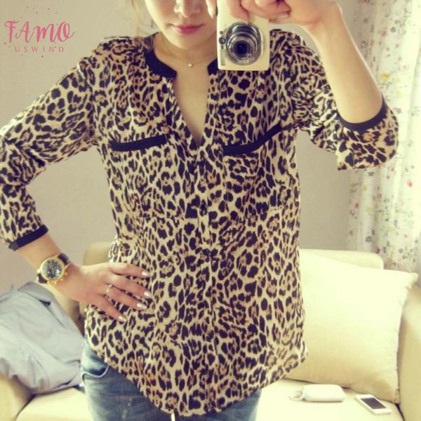

women blouse leopard print shirt long sleeve v neck loose blouses plus size chiffon shirt feminina clothing yl5, White