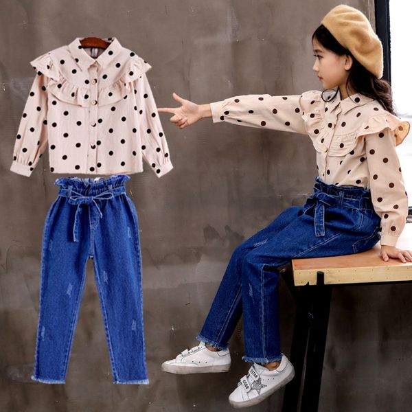 

kids clothing suit spring autumn new 2019 children girls korean style long-sleeved dot print lace blouse+ denim pants 2pcs sets, White