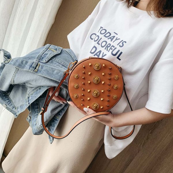 

casual fashion 2019 women's fashion rivet pure-colour cover retro shoulder bag circular bag simple handbag ladies crossbody