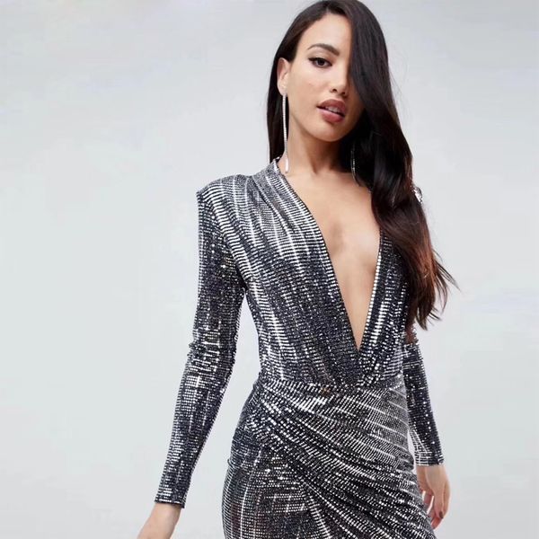 

fashion shining silver sequin dress celebrity show cocktail party vestido bodycon v neck long sleeve maxi winter dress wholesale, Black;gray