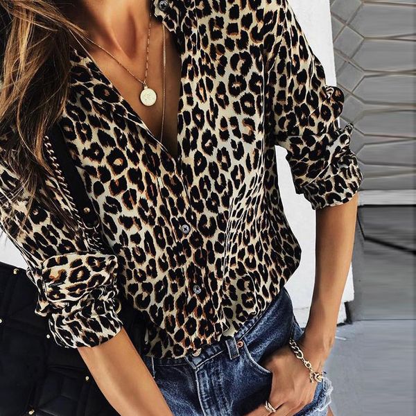 

spring womens and blouses 2019 casual female clothing vintage streetwear leopard printing button blouse long sleeve, White