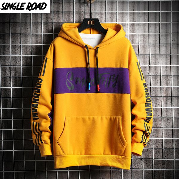 

singleroad mens hoodies fleece printed patchwork yellow hoodie sweatshirt hip hop harajuk japanese streetwear women pullover, Black