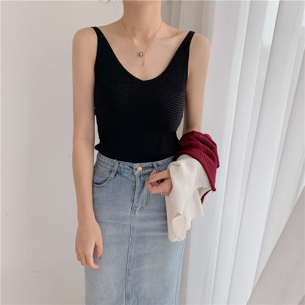 

plus size 4xl women solid color knitted camisole summer v neck female sleeveless slim t-shirt tank black white