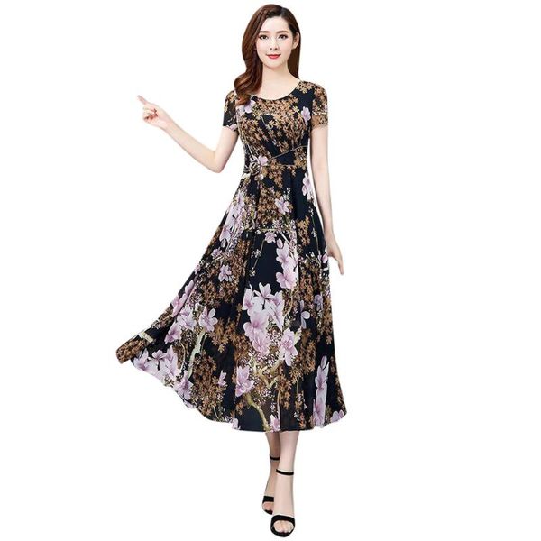

summer floral print long dress bohemia casual short sleeve holiday dresses female loose korean o-neck party night dress #bl4, Black;gray