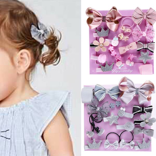 

fashion cute 18pcs kids baby girl rubber band bow hair clips flower barrette pins gift, Slivery;white